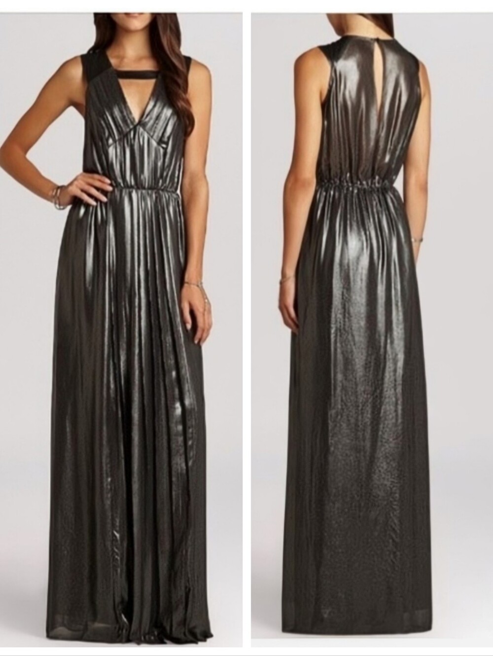 NWT BCBGeneration Metallic Silver & Black Maxi Dress Plunge V-Neck Women's Small